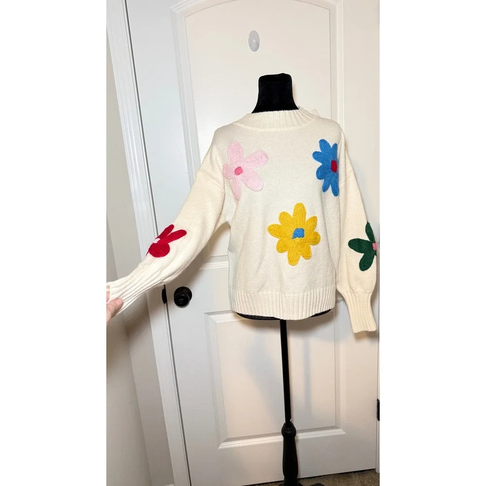 NEW! Petal + Pup Floral Applique Knit Sweater Cream Wool Blend Womens S/ M